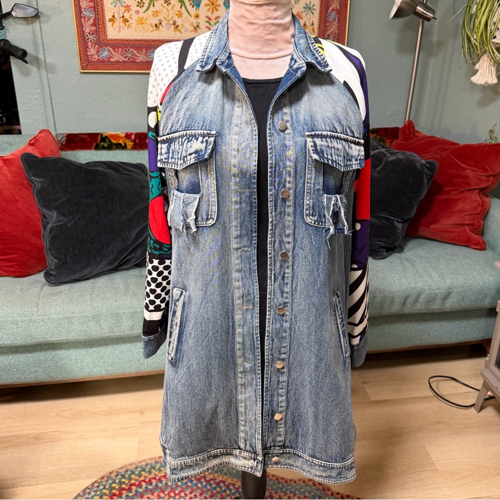 For Her NYC denim colorful cartoon long Jean Jacket L/XL - Picture 2 of 10